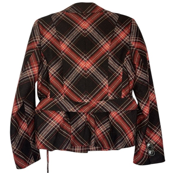 Plaid belted tweed large button peplum hem lined jacket Sz S/M Red/Brwn - Picture 3 of 14
